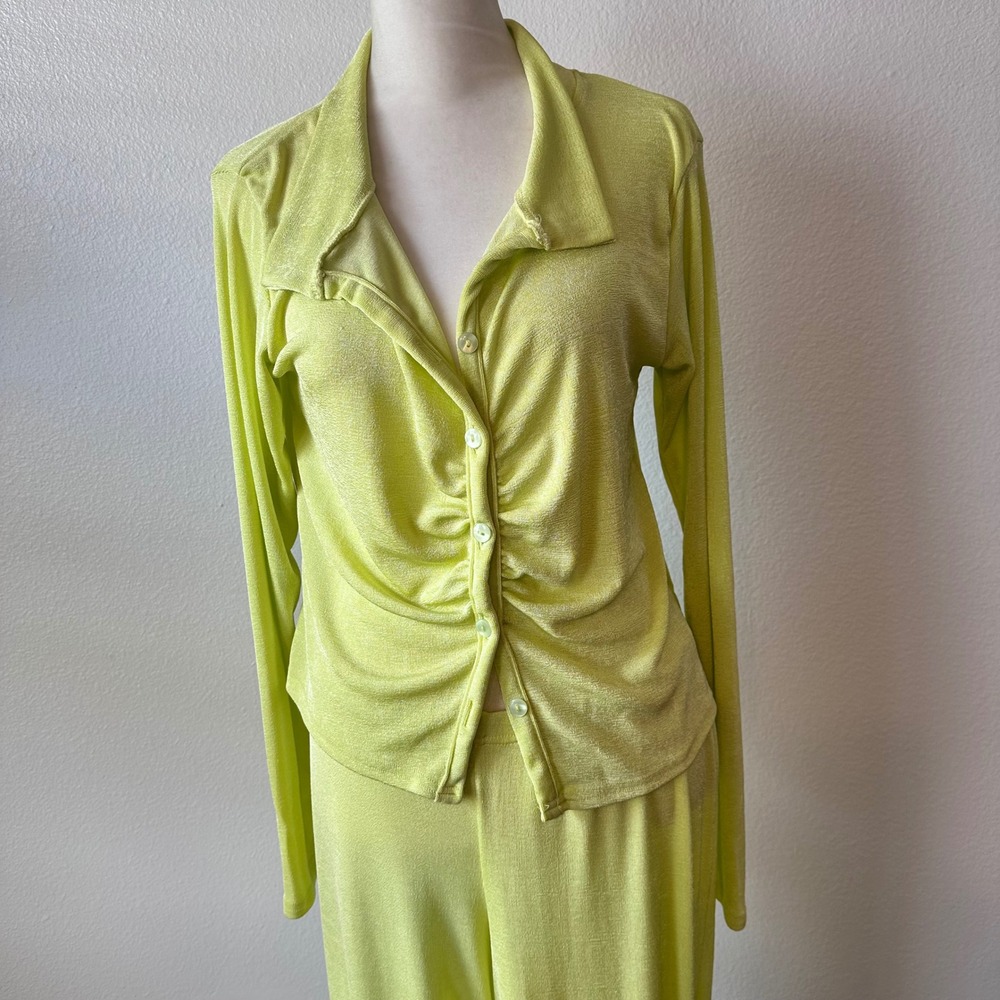Slinky Ruched Button Up Loungewear Matching Pants Set Women 12 Lime Green